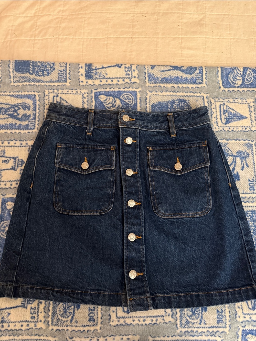 Dark Blue Denim Button-Front Mini Skirt